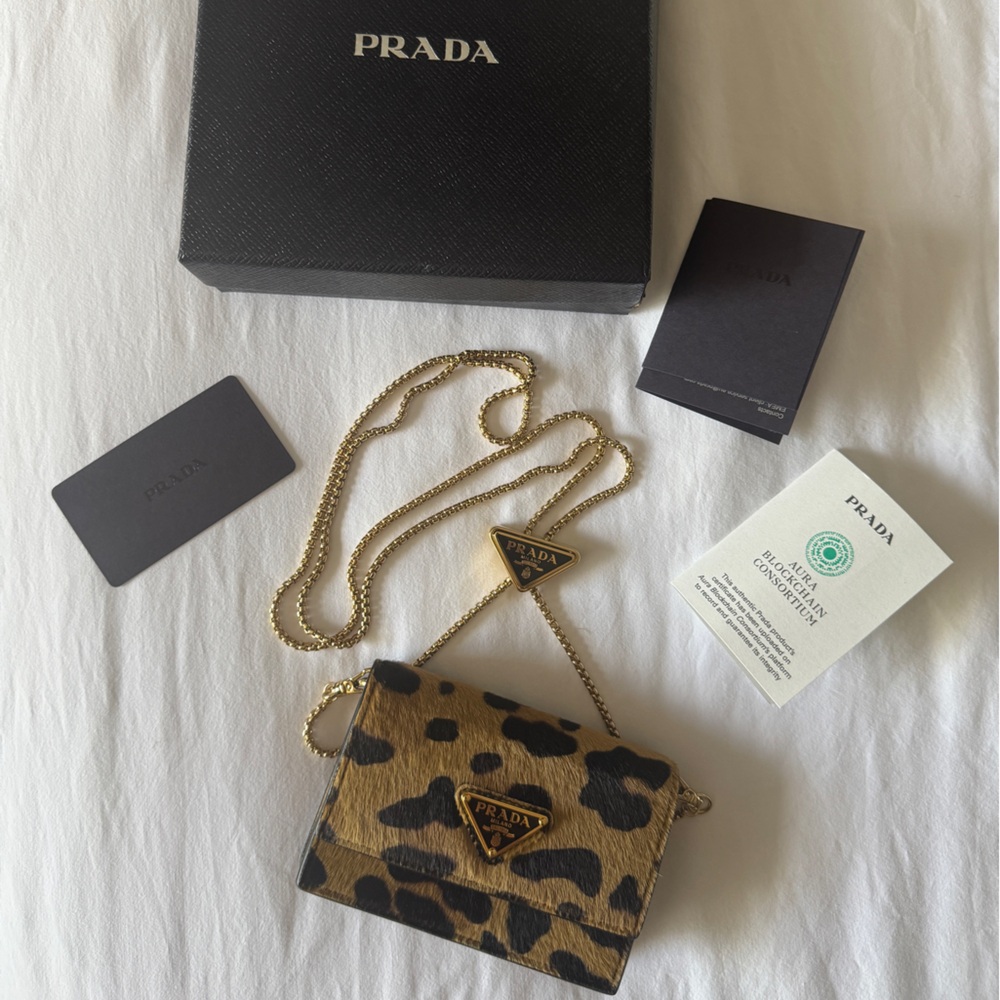 NWT Prada - Leopard Print Mini Bag | Printed leather card holder on gold chain - Picture 3 of 14